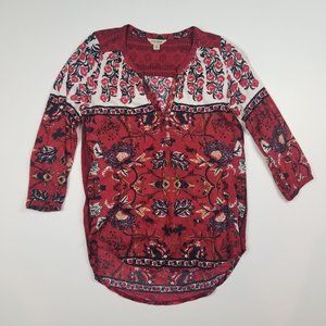 Lucky Brand Linen Blend Red White Blue 3/4 Boho Top Blouse Tunic sz XS